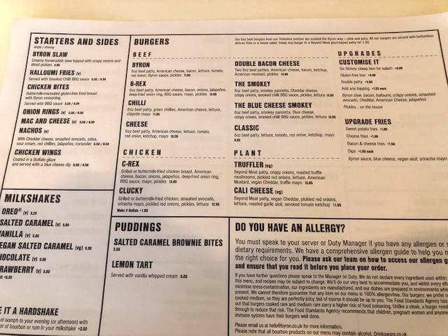 Byron burger clearance menu